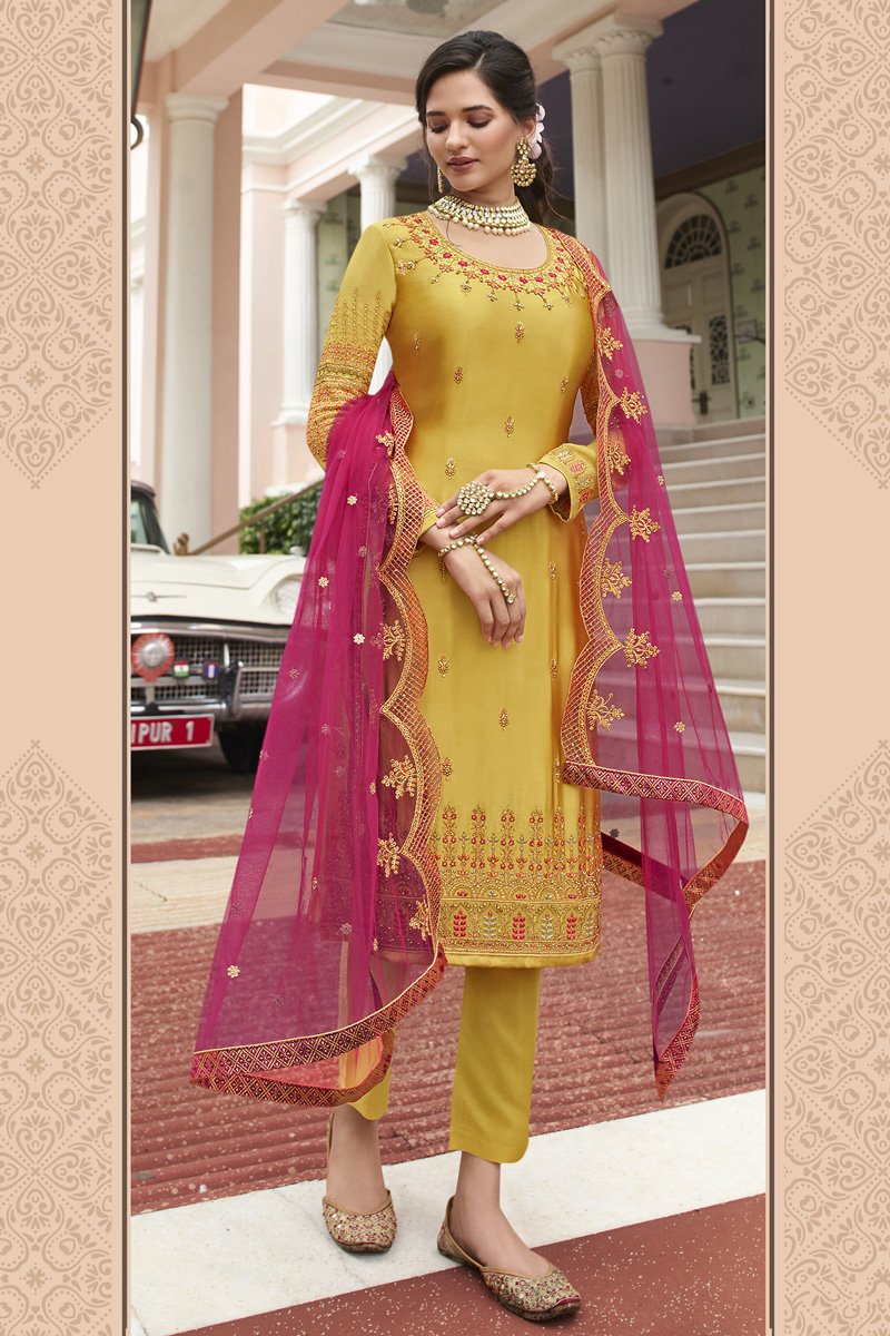 Satin Georgette Fabric Party Wear Trendy Embroidered Straight Cut Suit In Yellow Color