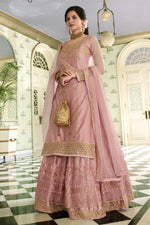 Load image into Gallery viewer, Pink Color Function Wear Net Fabric Embroidered Sharara Top Lehenga
