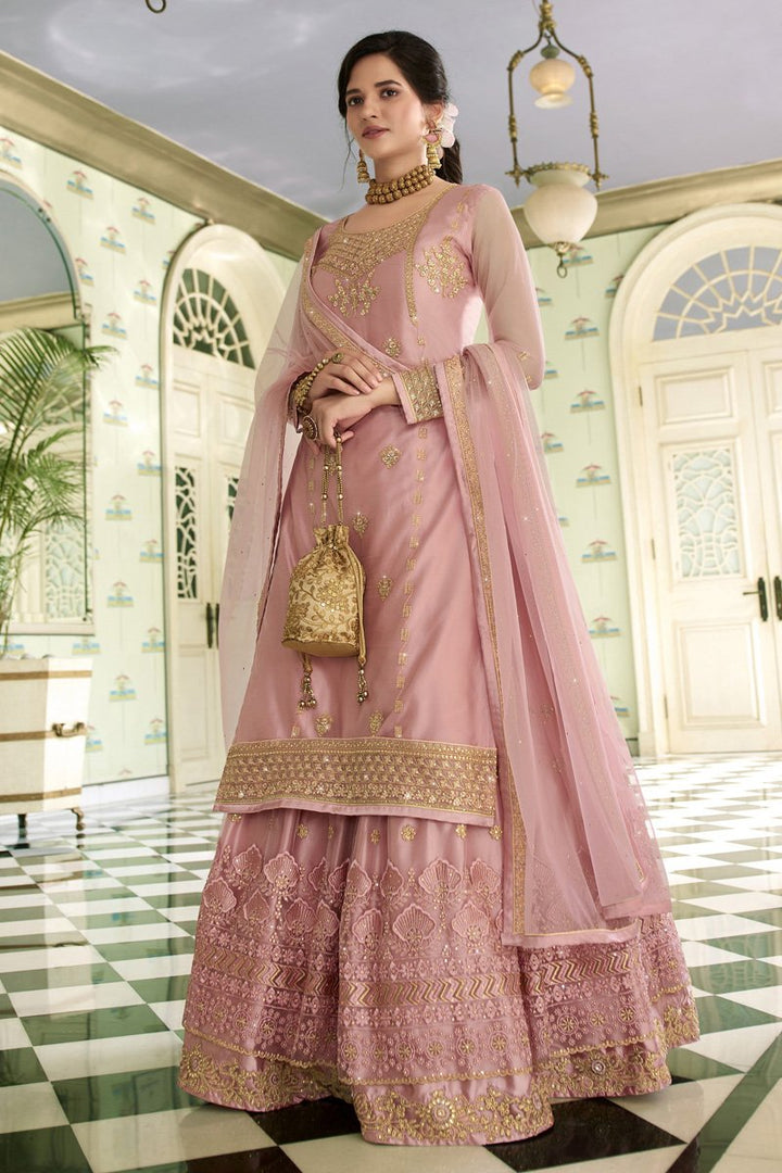 Pink Color Function Wear Net Fabric Embroidered Sharara Top Lehenga