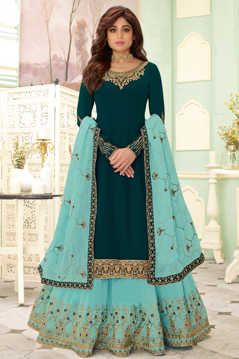 Shamita Shetty Featuring Embroidery Work On Teal Color Designer 3 Piece Sharara Top Lehenga In Georgette Fabric