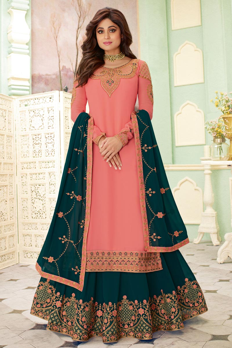 Shamita Shetty Featuring Designer Sharara Top Lehenga In Pink Color Georgette Fabric With Embroidery Work