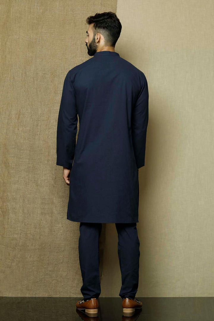 Navy Blue Color Cotton Fabric Festive Wear Designer Kurta Pyjama For Men