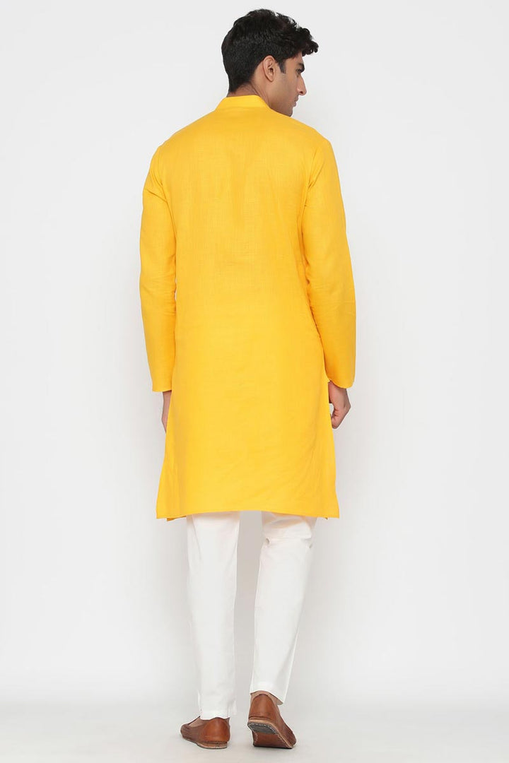 Yellow Color Cotton Fabric Festive Wear Trendy Kurta Pyjama For Men