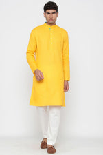 Load image into Gallery viewer, Yellow Color Cotton Fabric Festive Wear Trendy Kurta Pyjama For Men

