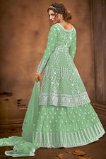 Load image into Gallery viewer, Sea Green Color Embroidered Function Wear Sharara Top Lehenga In Net Fabric
