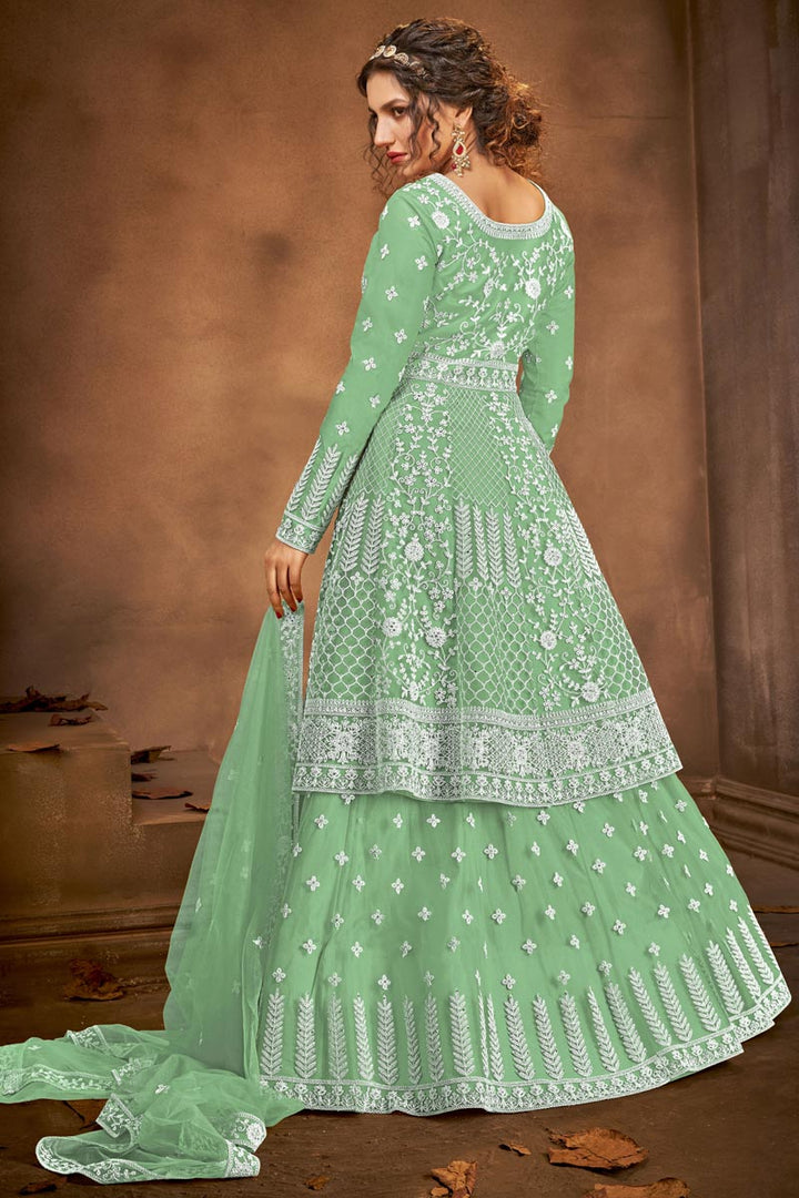 Sea Green Color Embroidered Function Wear Sharara Top Lehenga In Net Fabric