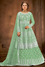 Load image into Gallery viewer, Sea Green Color Embroidered Function Wear Sharara Top Lehenga In Net Fabric
