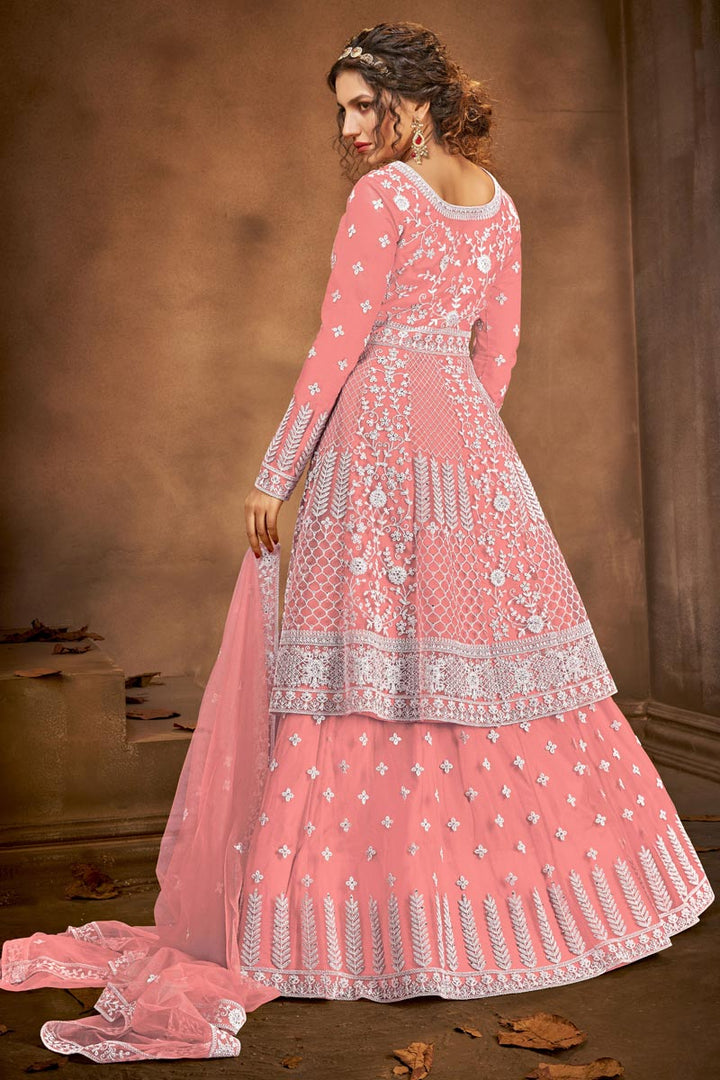 Function Wear Net Fabric Embroidered Sharara Top Lehenga In Pink Color