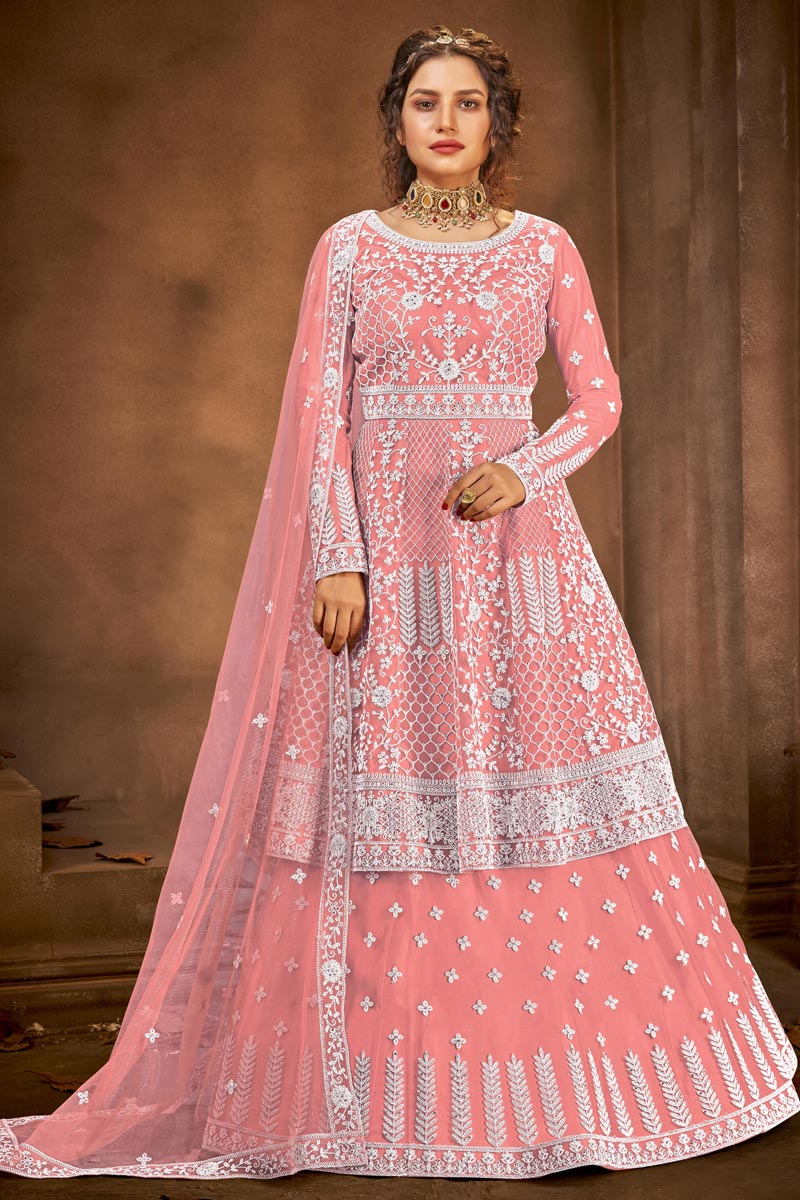 Function Wear Net Fabric Embroidered Sharara Top Lehenga In Pink Color