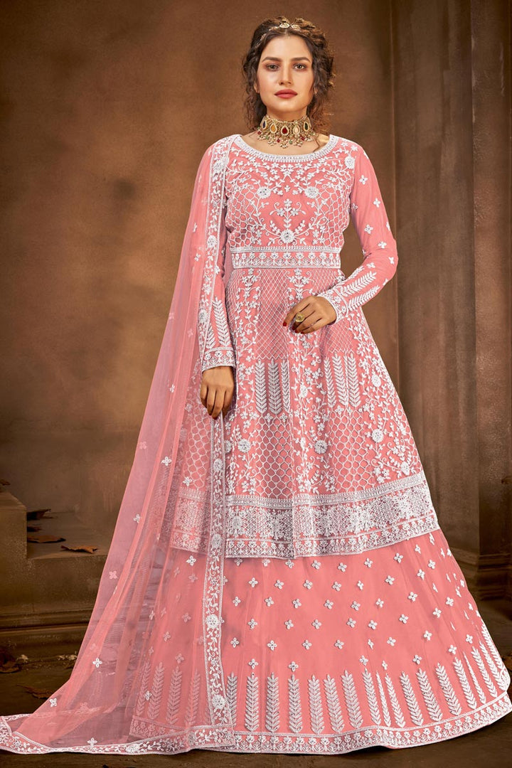 Function Wear Net Fabric Embroidered Sharara Top Lehenga In Pink Color