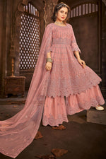 Load image into Gallery viewer, Net Fabric Function Wear Peach Color Embroidered Sharara Top Lehenga
