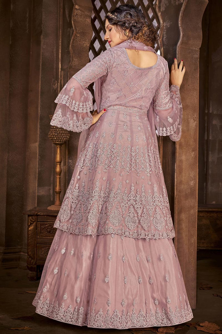 Net Fabric Embroidered Sharara Top Lehenga In Pink Color
