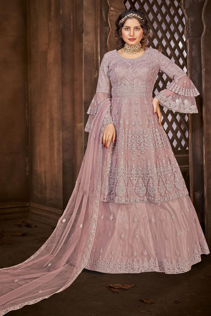Net Fabric Embroidered Sharara Top Lehenga In Pink Color