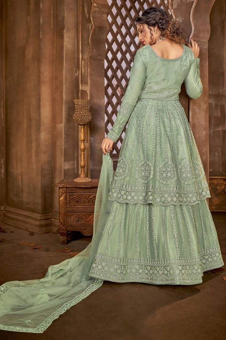 Embroidered Function Wear Sea Green Color Sharara Top Lehenga In Net Fabric