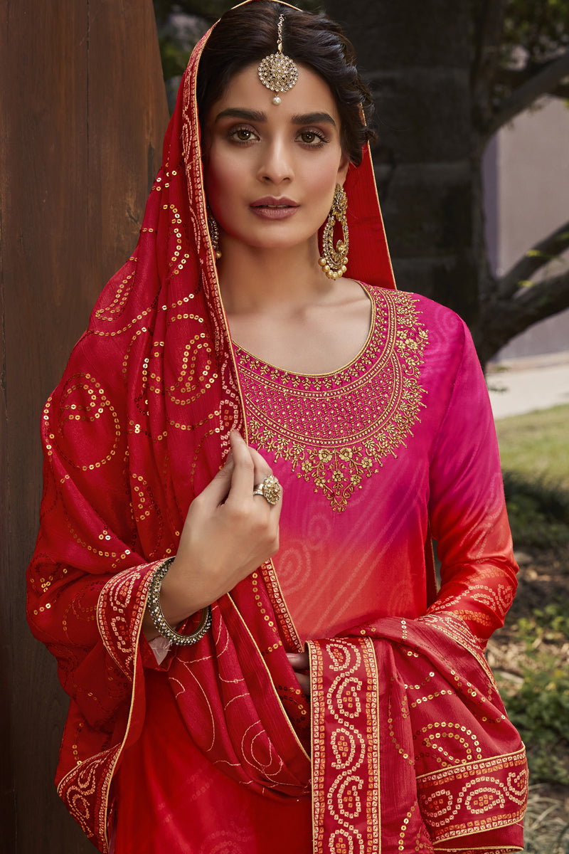 Festive Wear Red Color Printed Satin Fabric Palazzo Suit