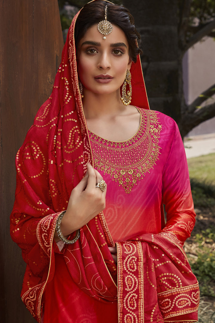 Festive Wear Red Color Printed Satin Fabric Palazzo Suit