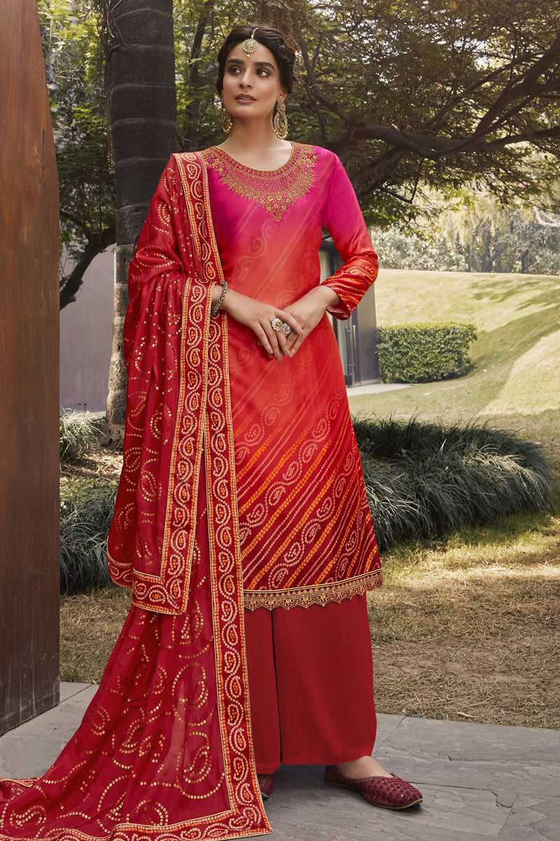 Festive Wear Red Color Printed Satin Fabric Palazzo Suit
