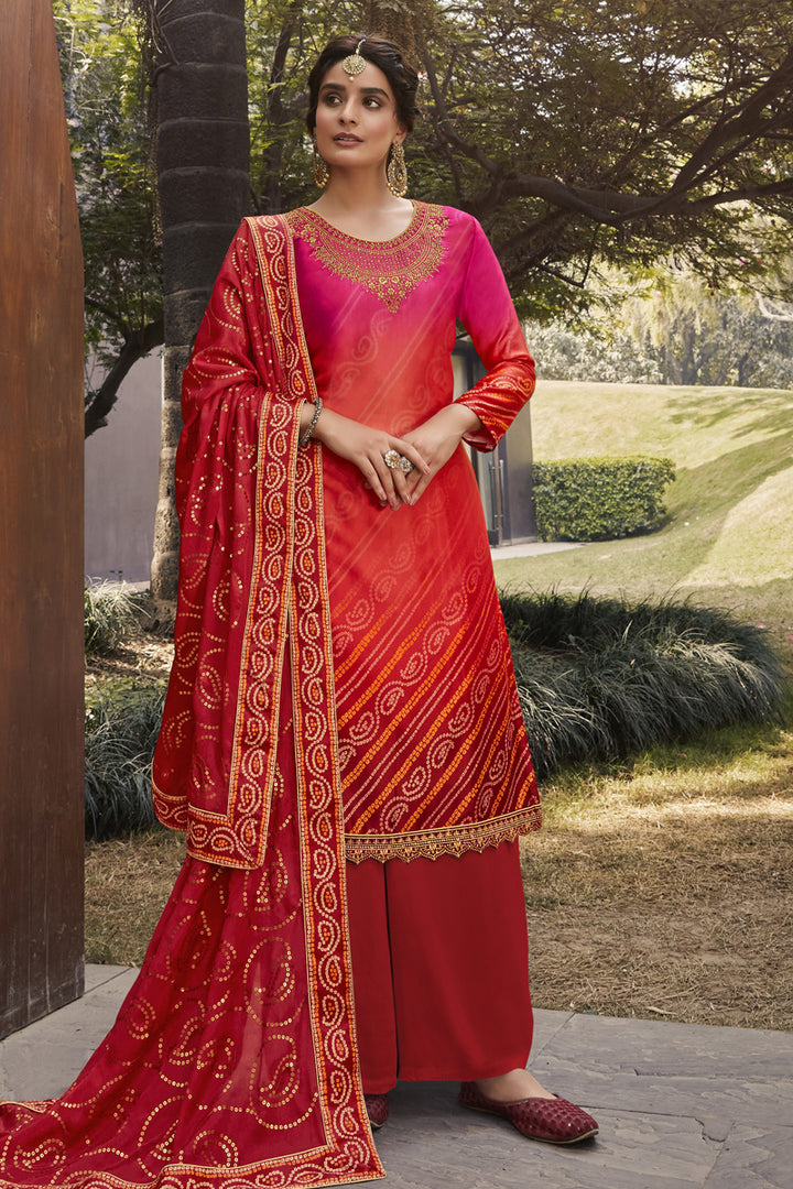 Festive Wear Red Color Printed Satin Fabric Palazzo Suit