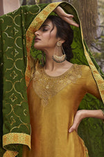 Load image into Gallery viewer, Mustard Color Printed Party Wear Satin Fabric Palazzo Suit
