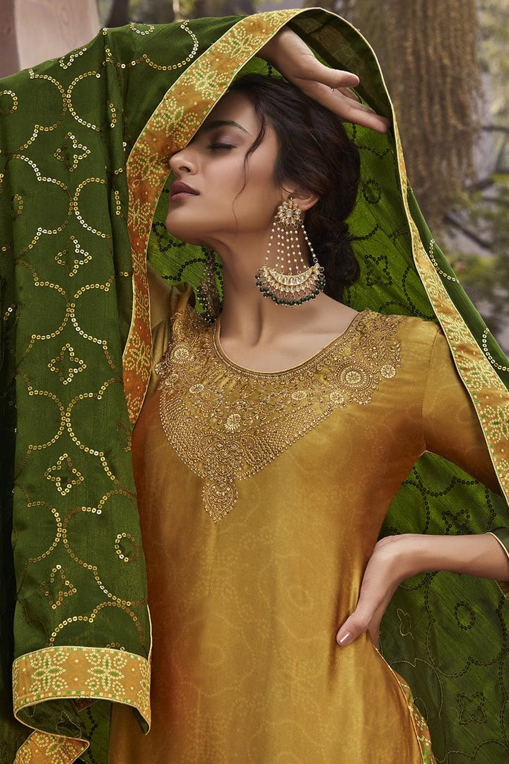 Mustard Color Printed Party Wear Satin Fabric Palazzo Suit
