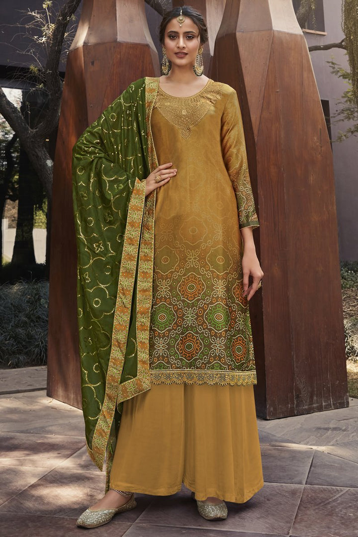 Mustard Color Printed Party Wear Satin Fabric Palazzo Suit