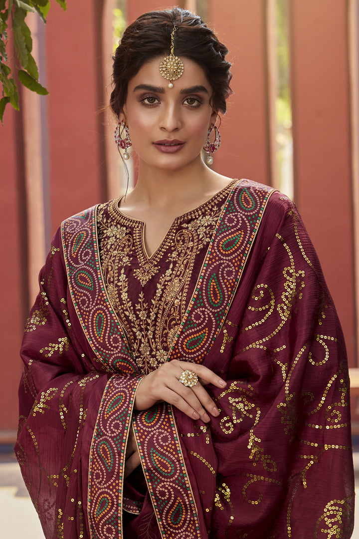 Satin Fabric Function Wear Printed Maroon Color Palazzo Suit