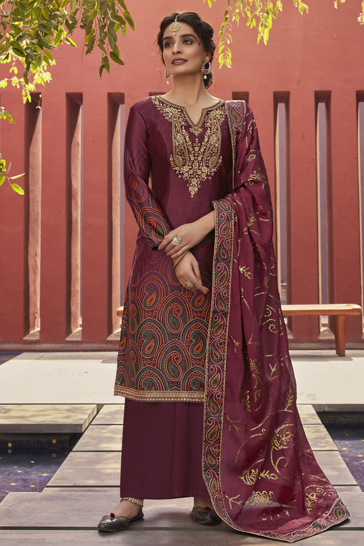 Satin Fabric Function Wear Printed Maroon Color Palazzo Suit