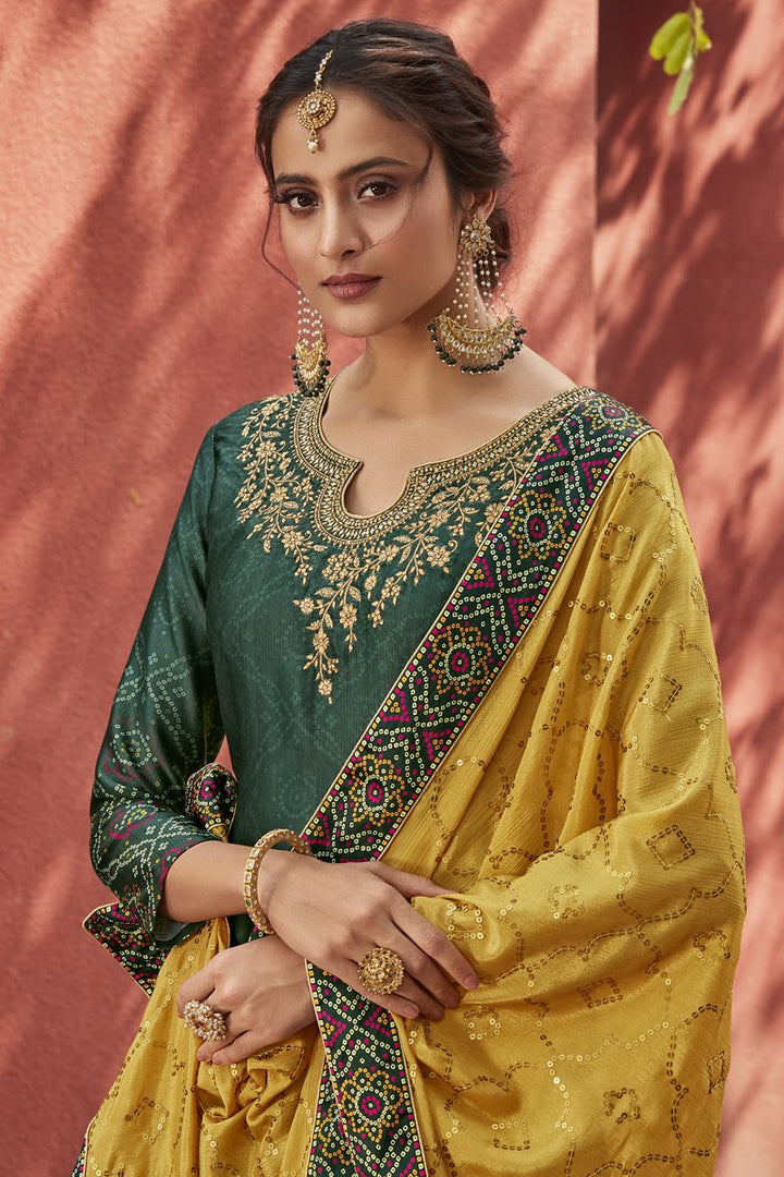 Satin Fabric Festive Wear Dark Green Color Printed Palazzo Suit