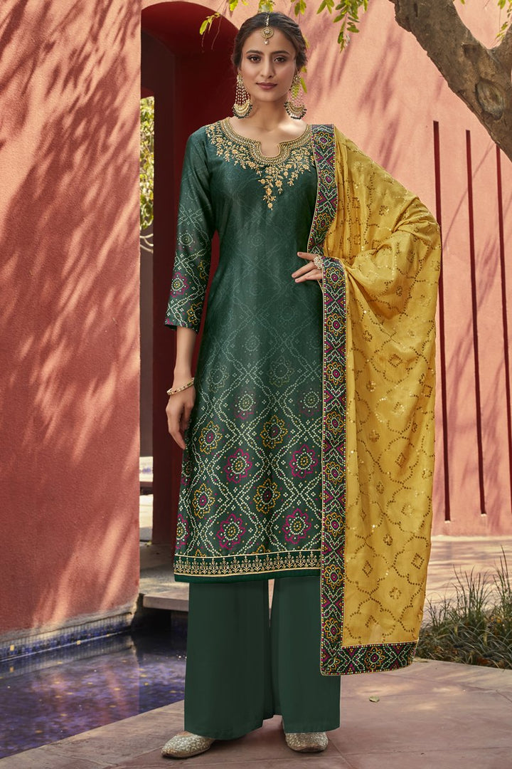 Satin Fabric Festive Wear Dark Green Color Printed Palazzo Suit