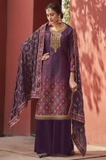 Load image into Gallery viewer, Purple Color Satin Fabric Function Wear Printed Fancy Palazzo Suit
