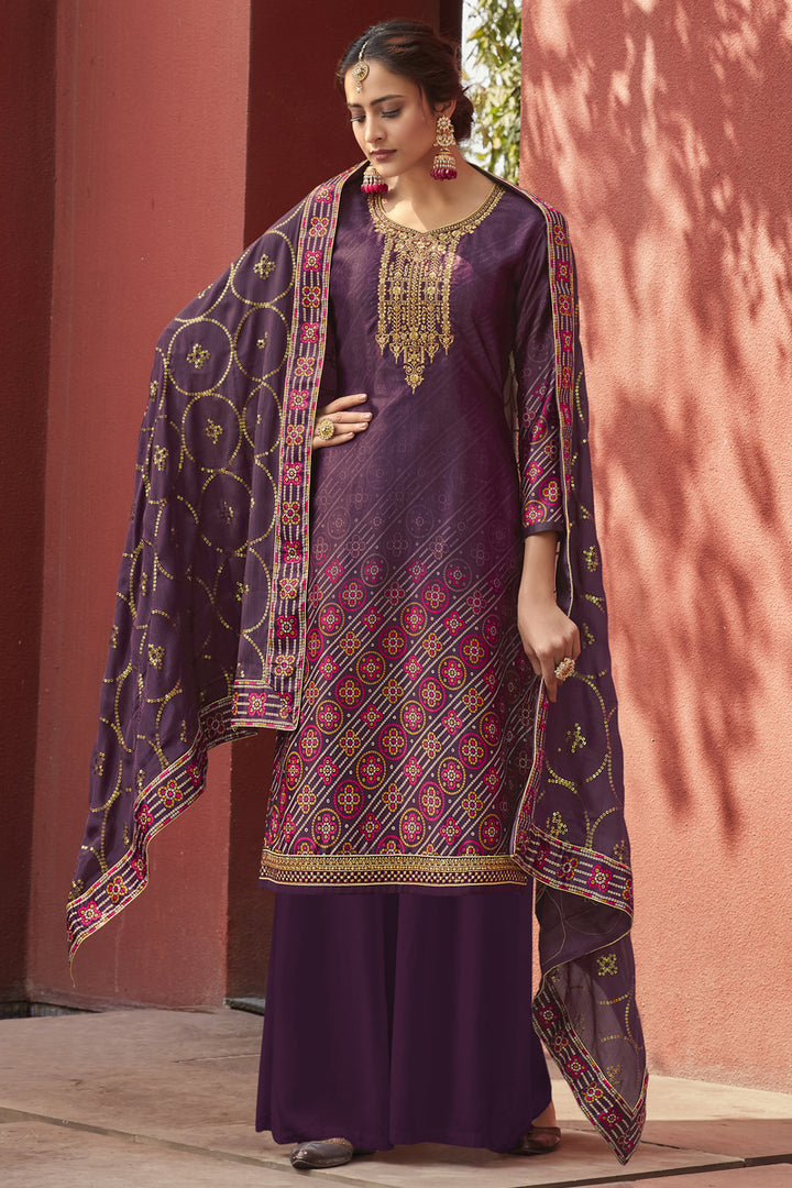 Purple Color Satin Fabric Function Wear Printed Fancy Palazzo Suit