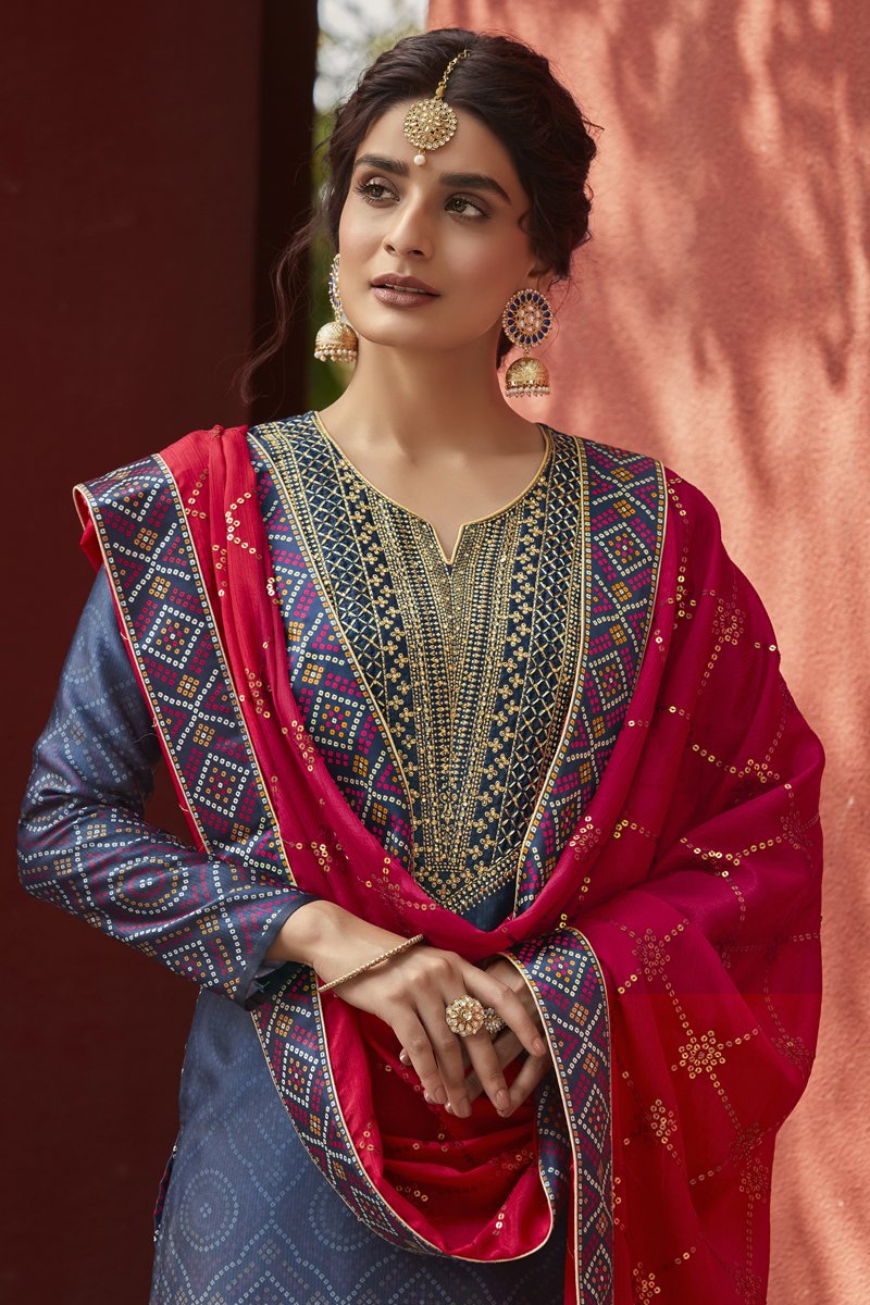 Satin Fabric Festive Wear Simple Printed Navy Blue Color Palazzo Suit
