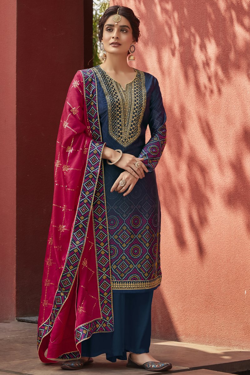Satin Fabric Festive Wear Simple Printed Navy Blue Color Palazzo Suit