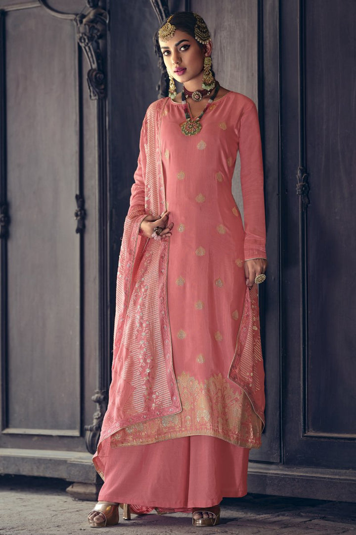 Jacquard Fabric Festive Wear Pink Color Embroidered Palazzo Suit