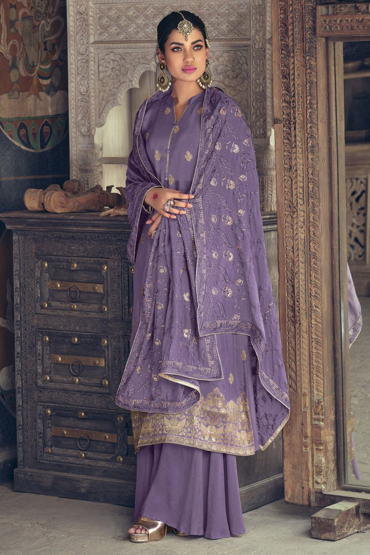 Embroidered Lavender Color Function Wear Jacquard Fabric Palazzo Suit