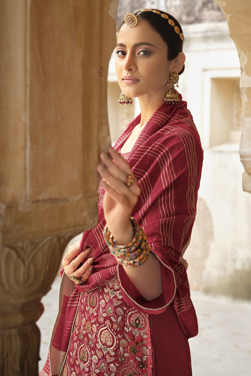 Jacquard Silk Fabric Function Wear Weaving Work Maroon Color Palazzo Suit