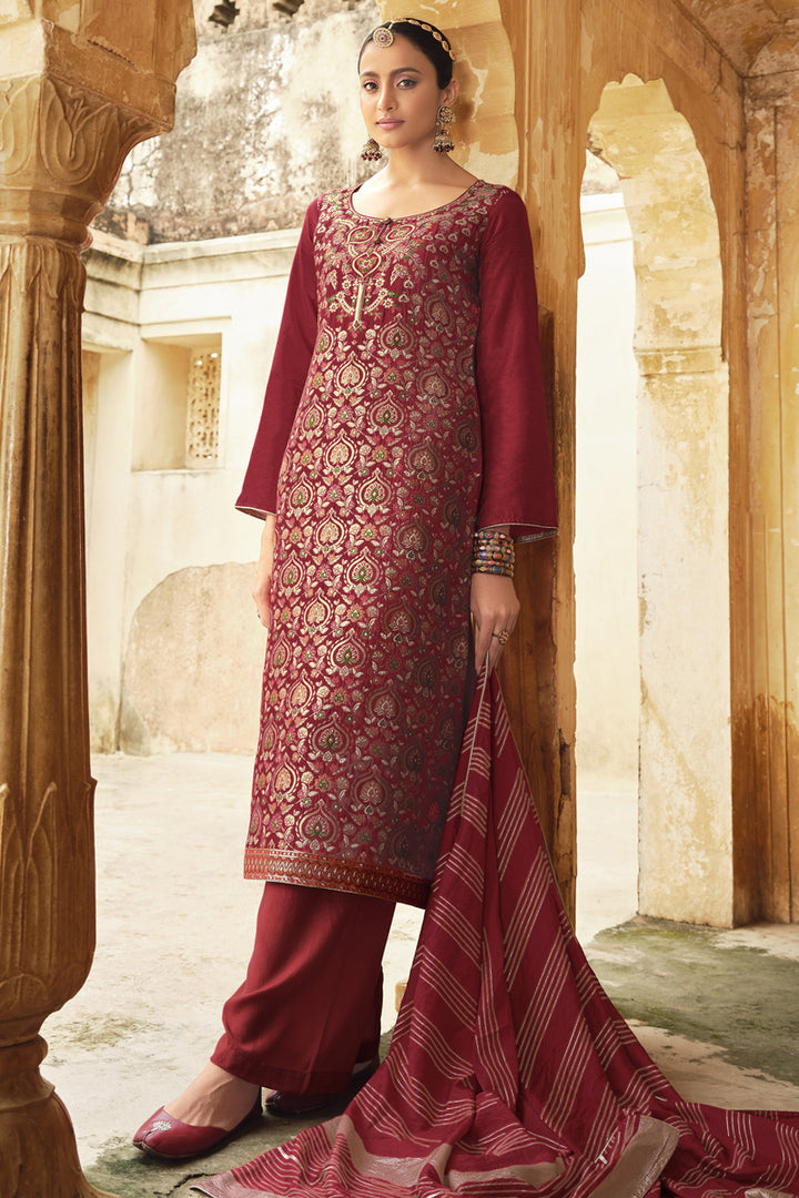 Jacquard Silk Fabric Function Wear Weaving Work Maroon Color Palazzo Suit