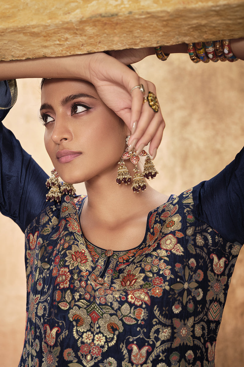 Jacquard Silk Fabric Festive Wear Navy Blue Color Weaving Work Palazzo Suit
