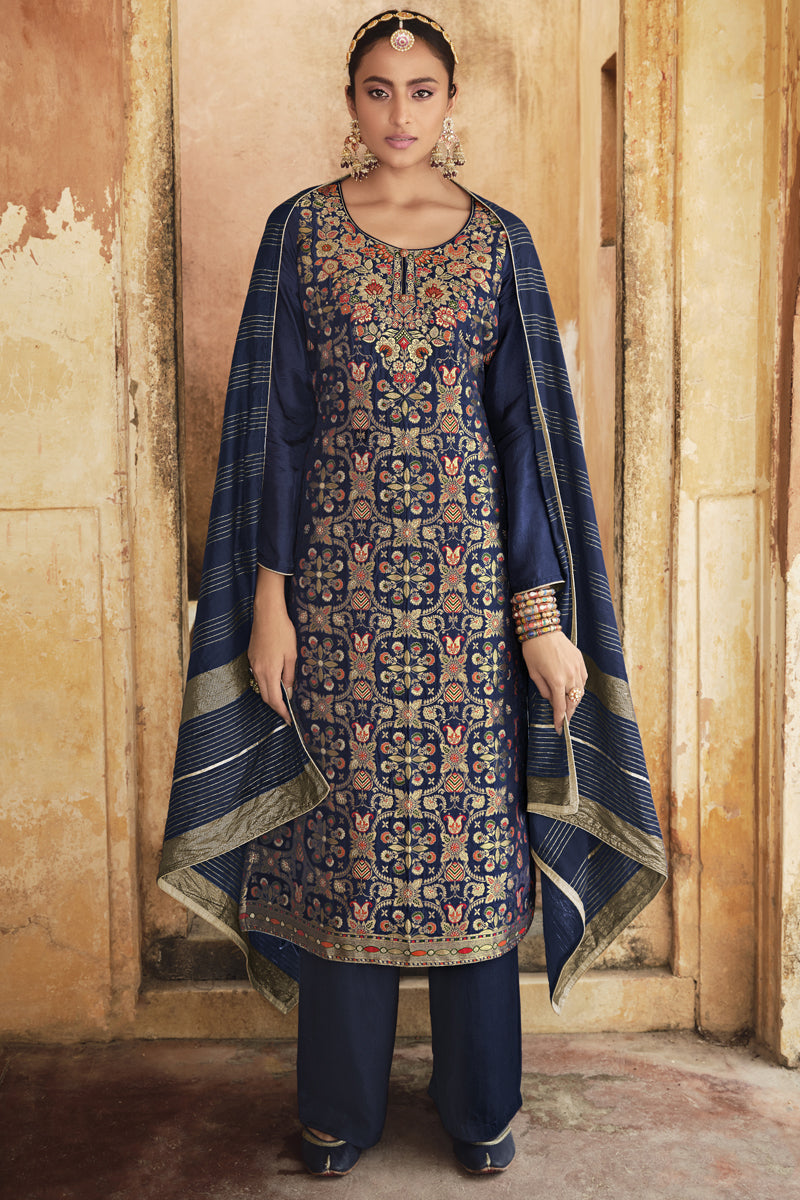 Jacquard Silk Fabric Festive Wear Navy Blue Color Weaving Work Palazzo Suit