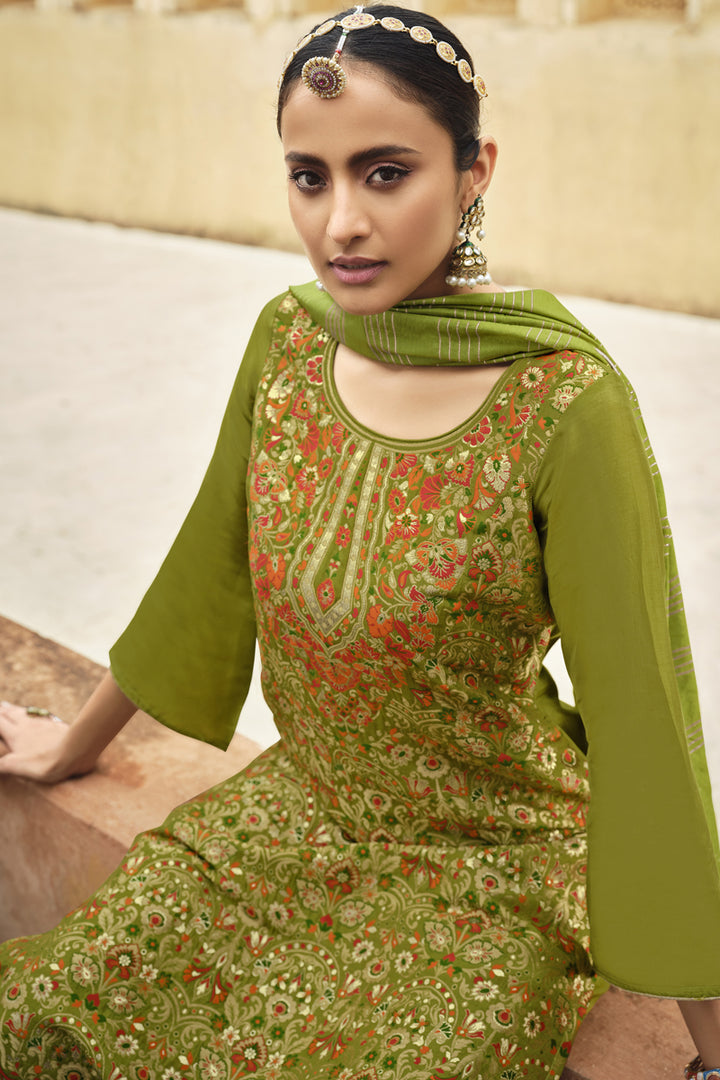 Green Color Jacquard Silk Fabric Party Wear Weaving Work Fancy Palazzo Suit