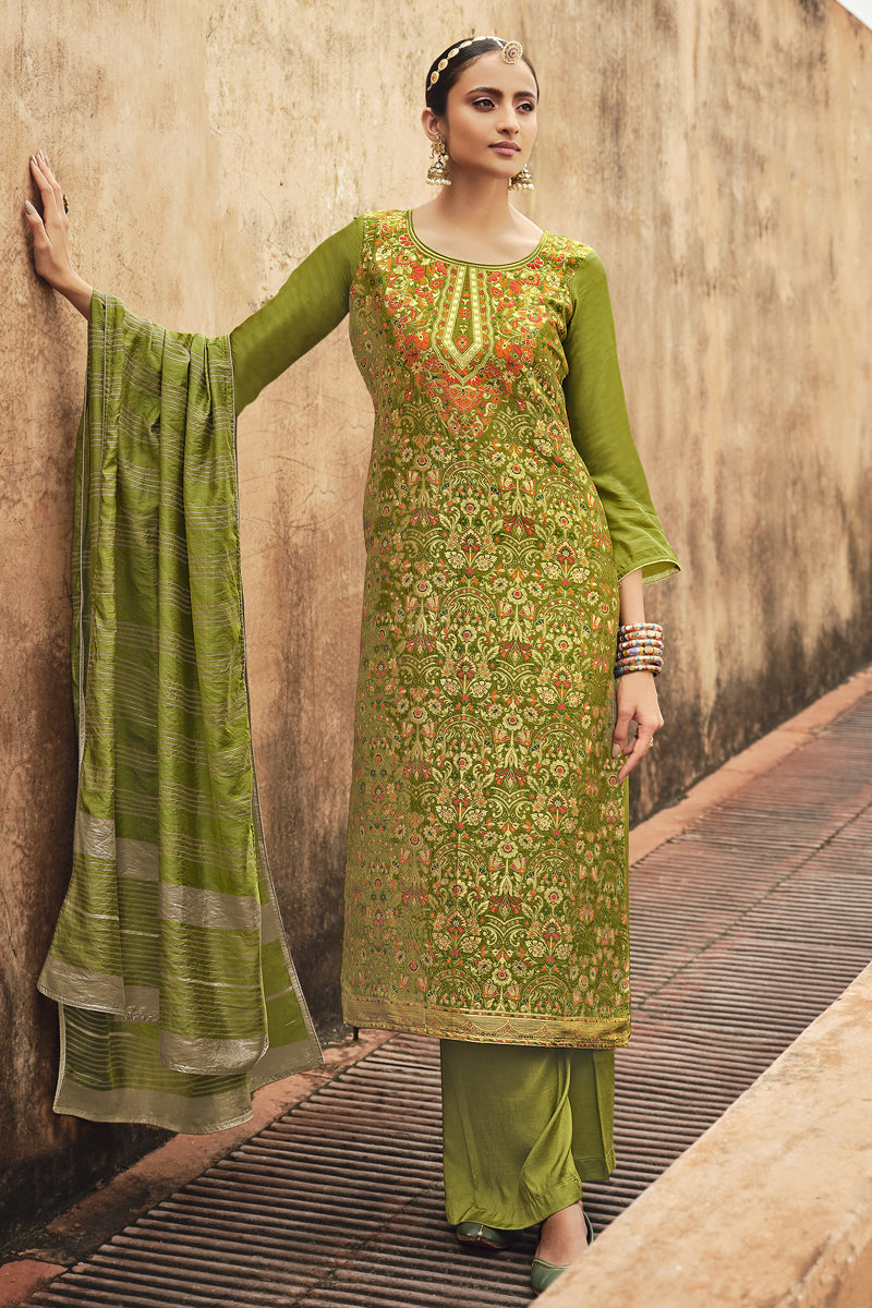Green Color Jacquard Silk Fabric Party Wear Weaving Work Fancy Palazzo Suit
