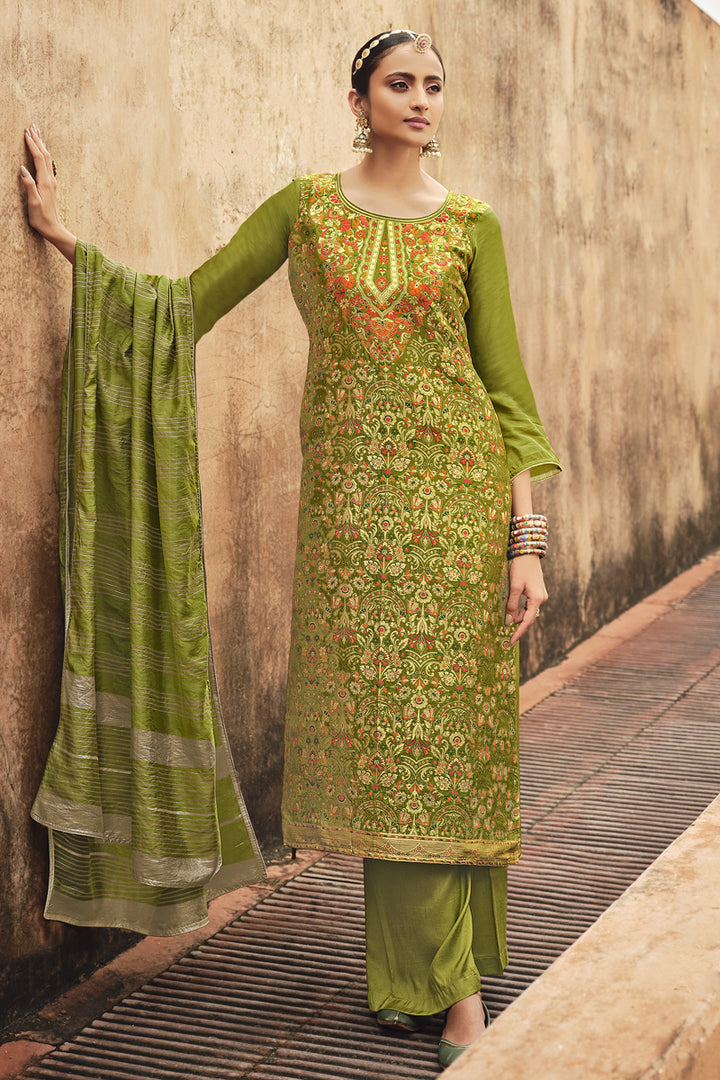 Green Color Jacquard Silk Fabric Party Wear Weaving Work Fancy Palazzo Suit