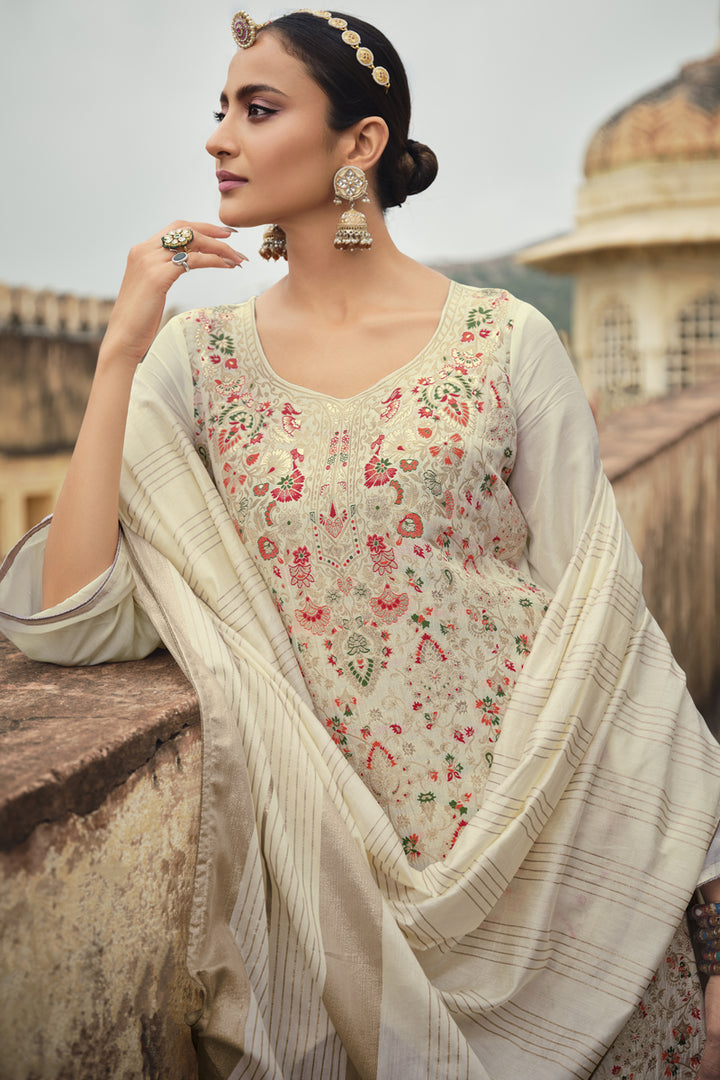 Jacquard Silk Fabric Festive Wear Weaving Work Off White Color Palazzo Suit