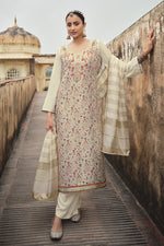 Load image into Gallery viewer, Jacquard Silk Fabric Festive Wear Weaving Work Off White Color Palazzo Suit
