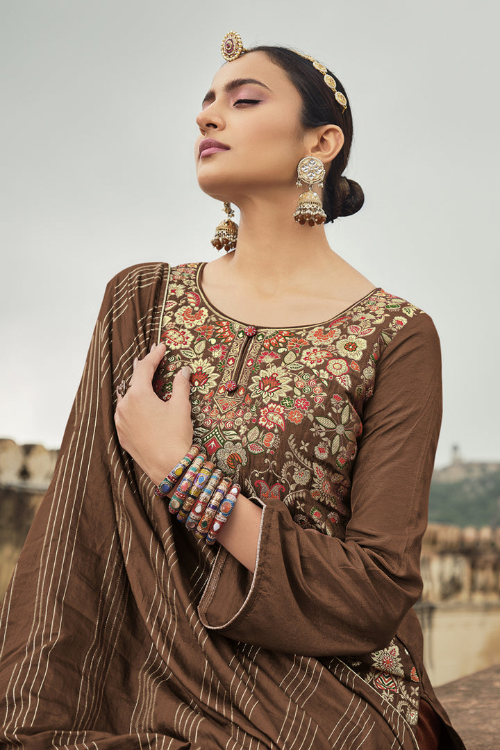 Party Wear Weaving Work Brown Color Palazzo Suit In Jacquard Silk Fabric