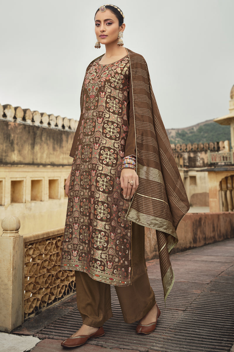 Party Wear Weaving Work Brown Color Palazzo Suit In Jacquard Silk Fabric