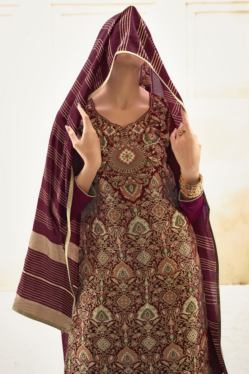 Weaving Work Wine Color Function Wear Jacquard Silk Fabric Palazzo Suit