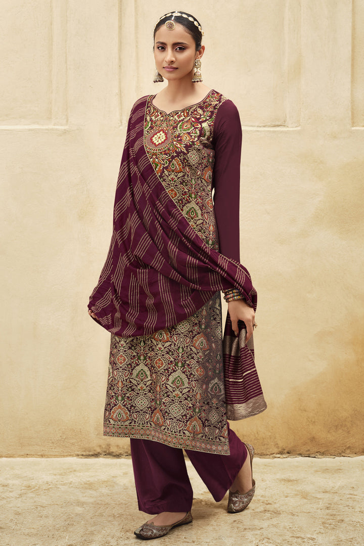 Weaving Work Wine Color Function Wear Jacquard Silk Fabric Palazzo Suit