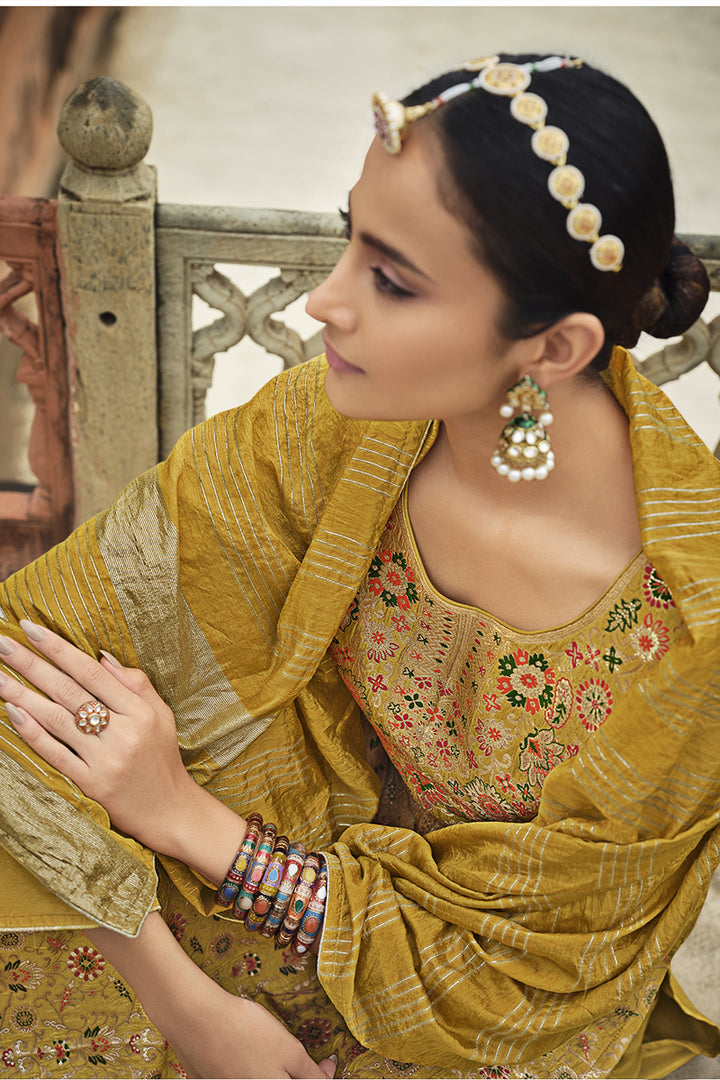 Festive Wear Mustard Color Weaving Work Jacquard Silk Fabric Palazzo Suit