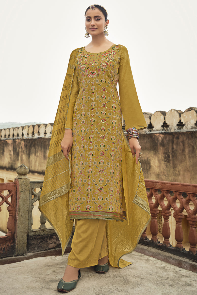 Festive Wear Mustard Color Weaving Work Jacquard Silk Fabric Palazzo Suit